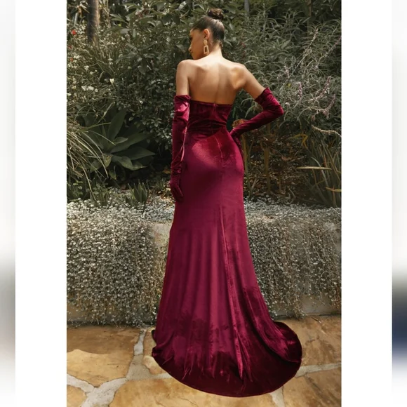 Velvet Strapless Fitted Gown With Gloves